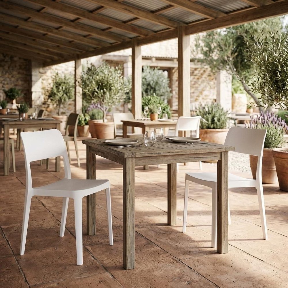 Set of Two Taupe Heavy Duty Plastic Outdoor Stacking Accent Chairs