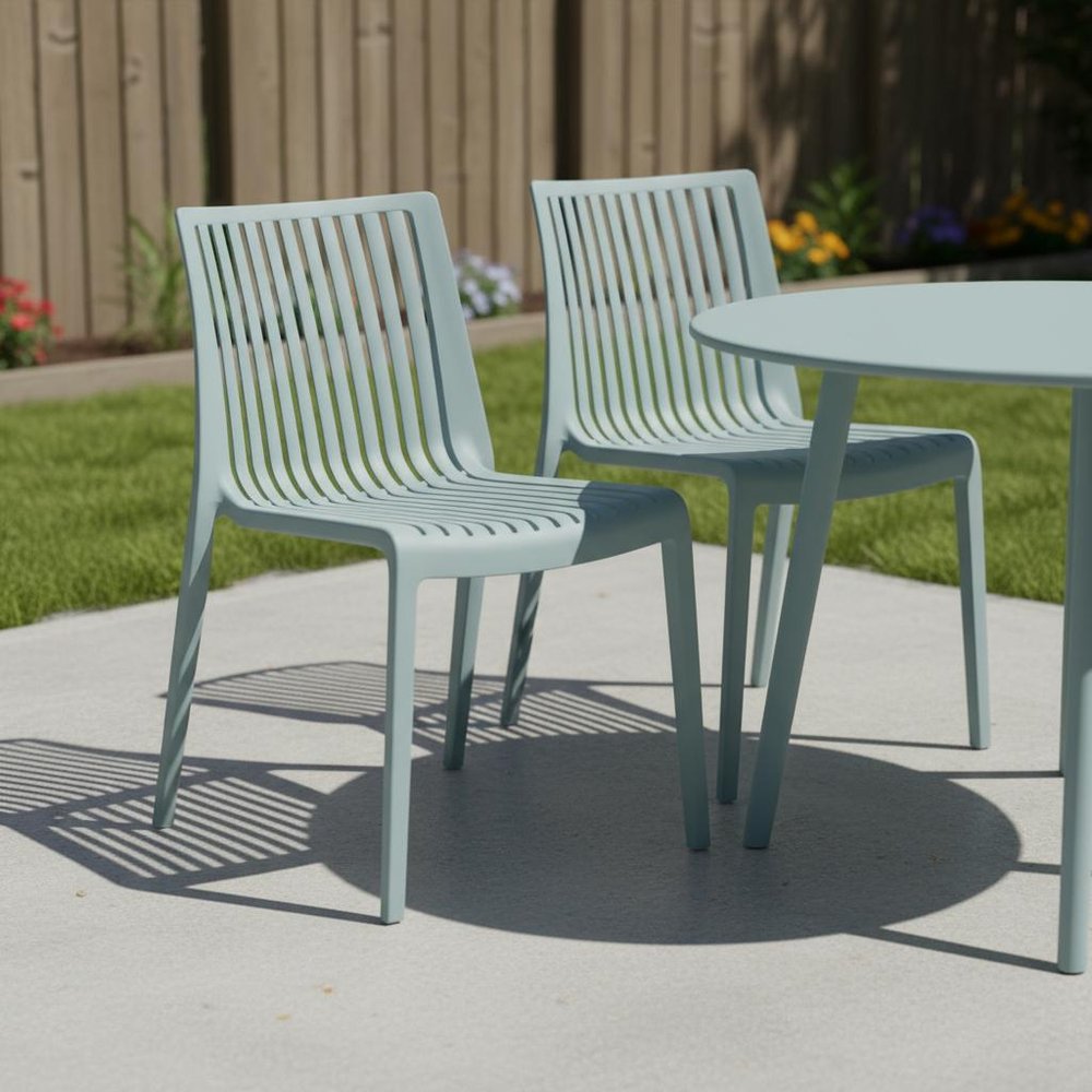 Set of Two Baby Blue Heavy Duty Plastic Outdoor Stacking Dining Chairs
