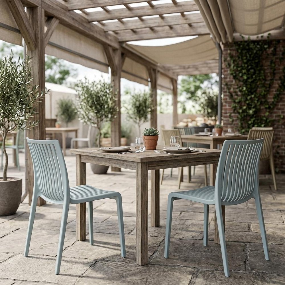 Set of Two Baby Blue Heavy Duty Plastic Outdoor Stacking Dining Chairs