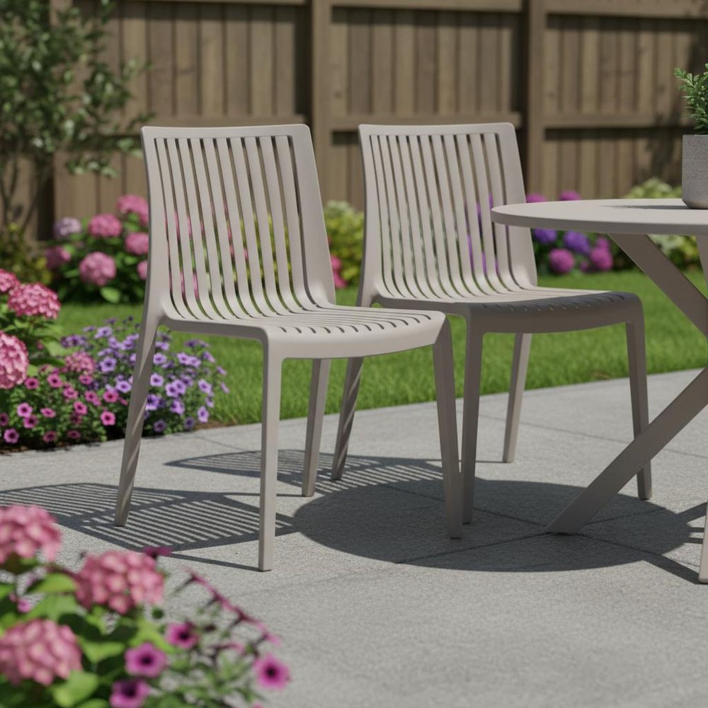 Set of Two Taupe Heavy Duty Plastic Outdoor Stacking Dining Chairs