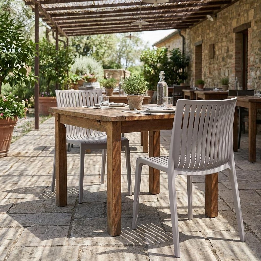 Set of Two Taupe Heavy Duty Plastic Outdoor Stacking Dining Chairs