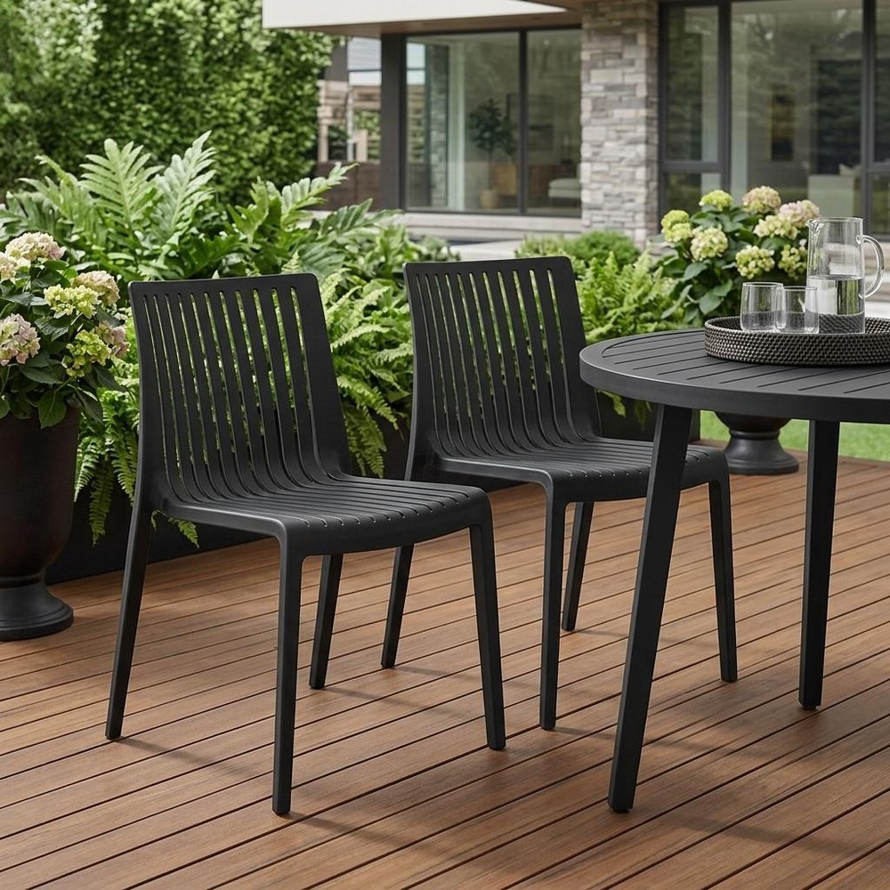Set of Two Taupe Heavy Duty Plastic Outdoor Stacking Dining Chairs
