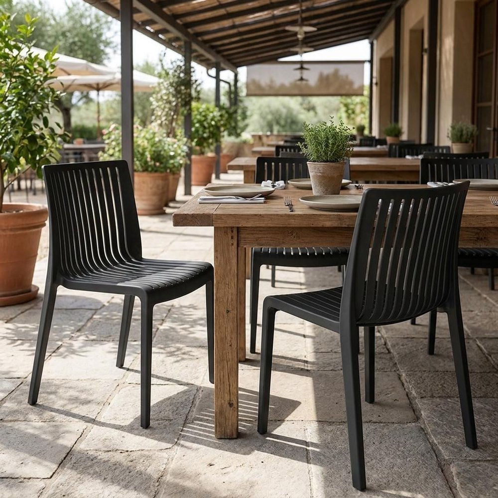 Set of Two Taupe Heavy Duty Plastic Outdoor Stacking Dining Chairs