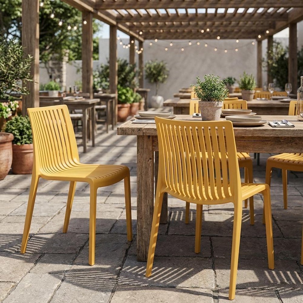 Set of Two Taupe Heavy Duty Plastic Outdoor Stacking Dining Chairs