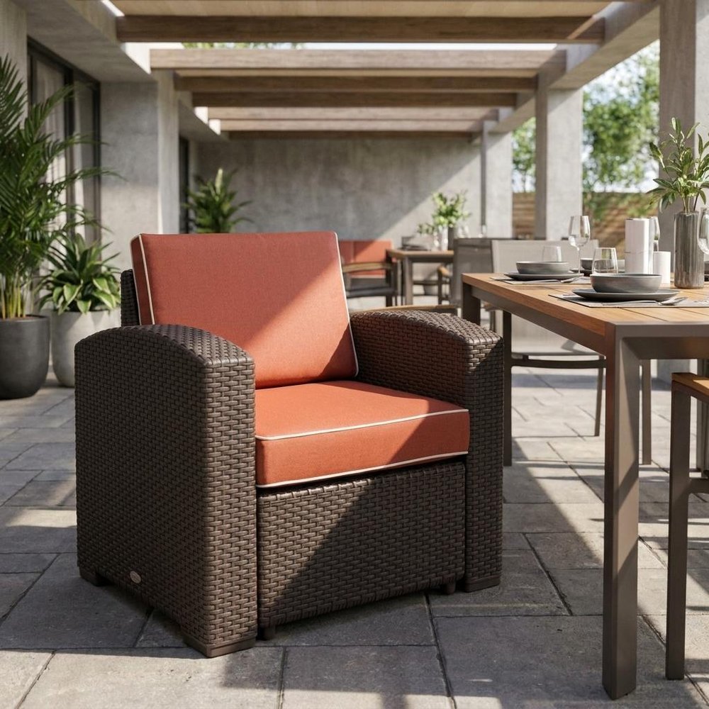 33" Black Heavy Duty Plastic Outdoor Club Chair With Red Cushion