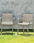 Set of Two Taupe Heavy Duty Plastic Outdoor Stacking Arm Chairs