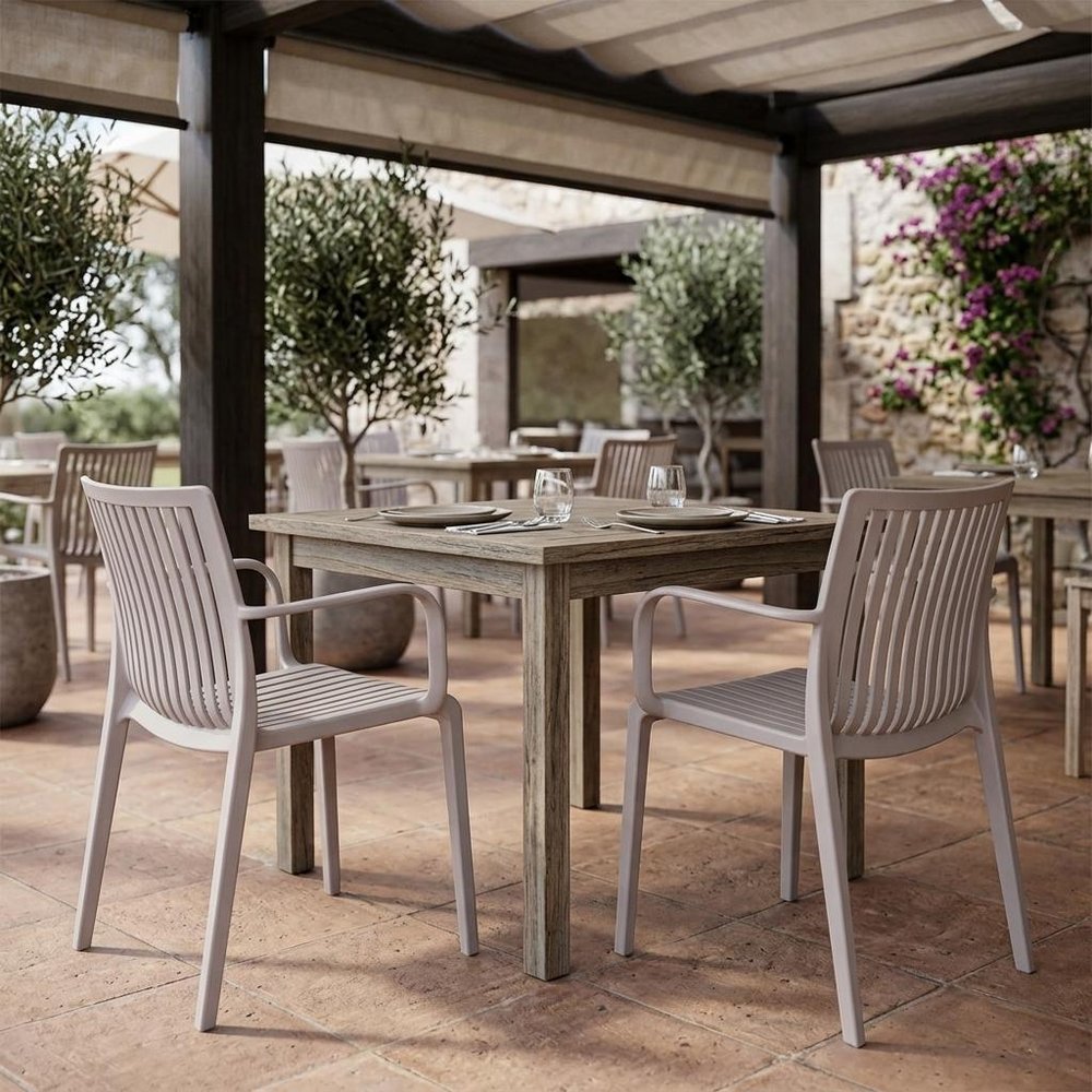 Set of Two Taupe Heavy Duty Plastic Outdoor Stacking Arm Chairs