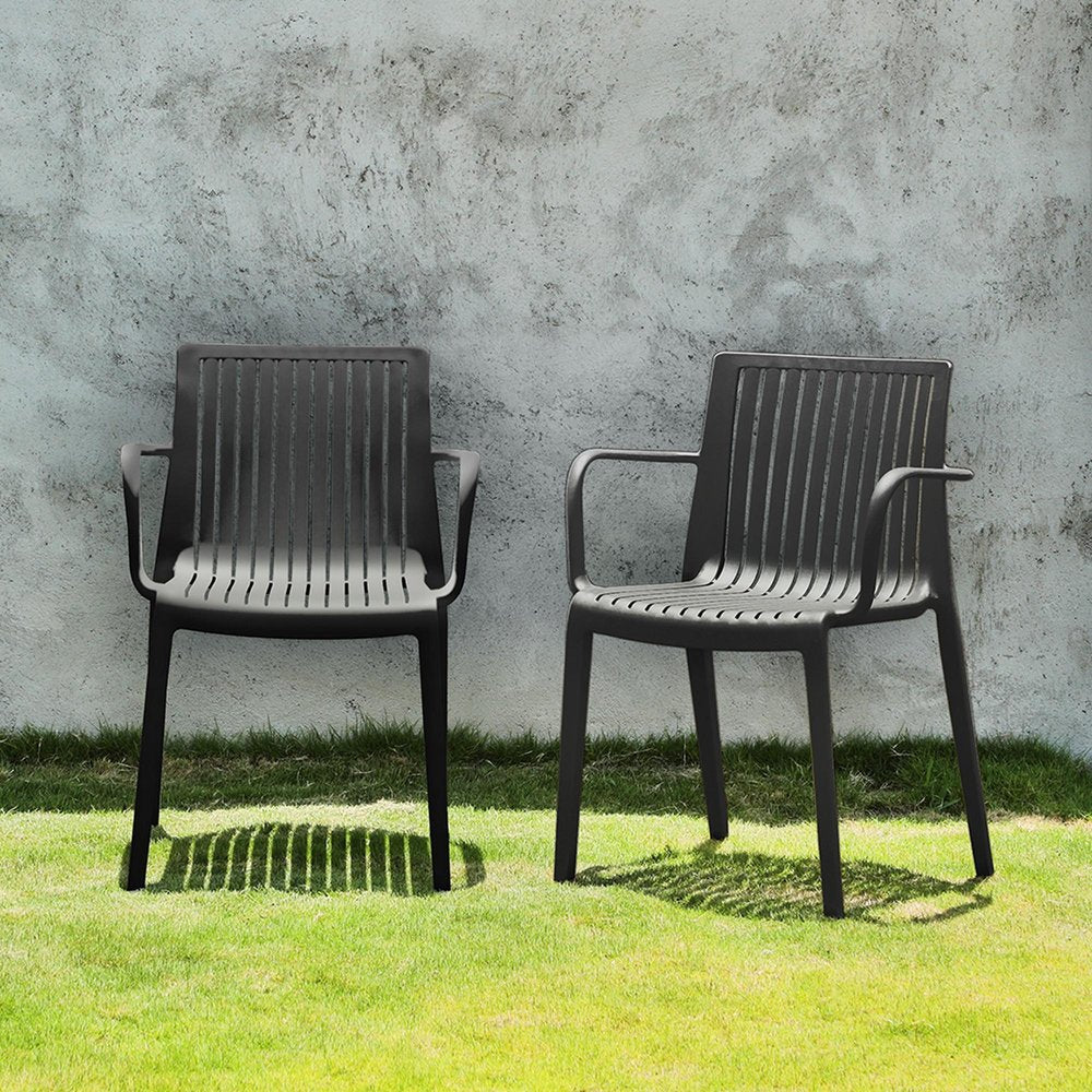 Set of Two Taupe Heavy Duty Plastic Outdoor Stacking Arm Chairs