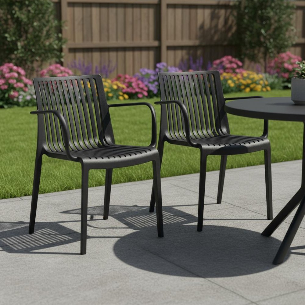 Set of Two Taupe Heavy Duty Plastic Outdoor Stacking Arm Chairs