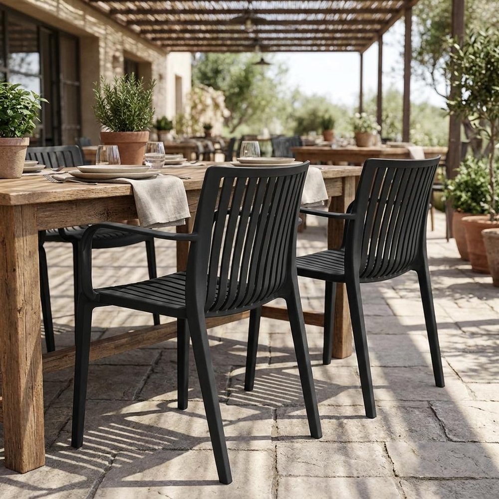 Set of Two Taupe Heavy Duty Plastic Outdoor Stacking Arm Chairs