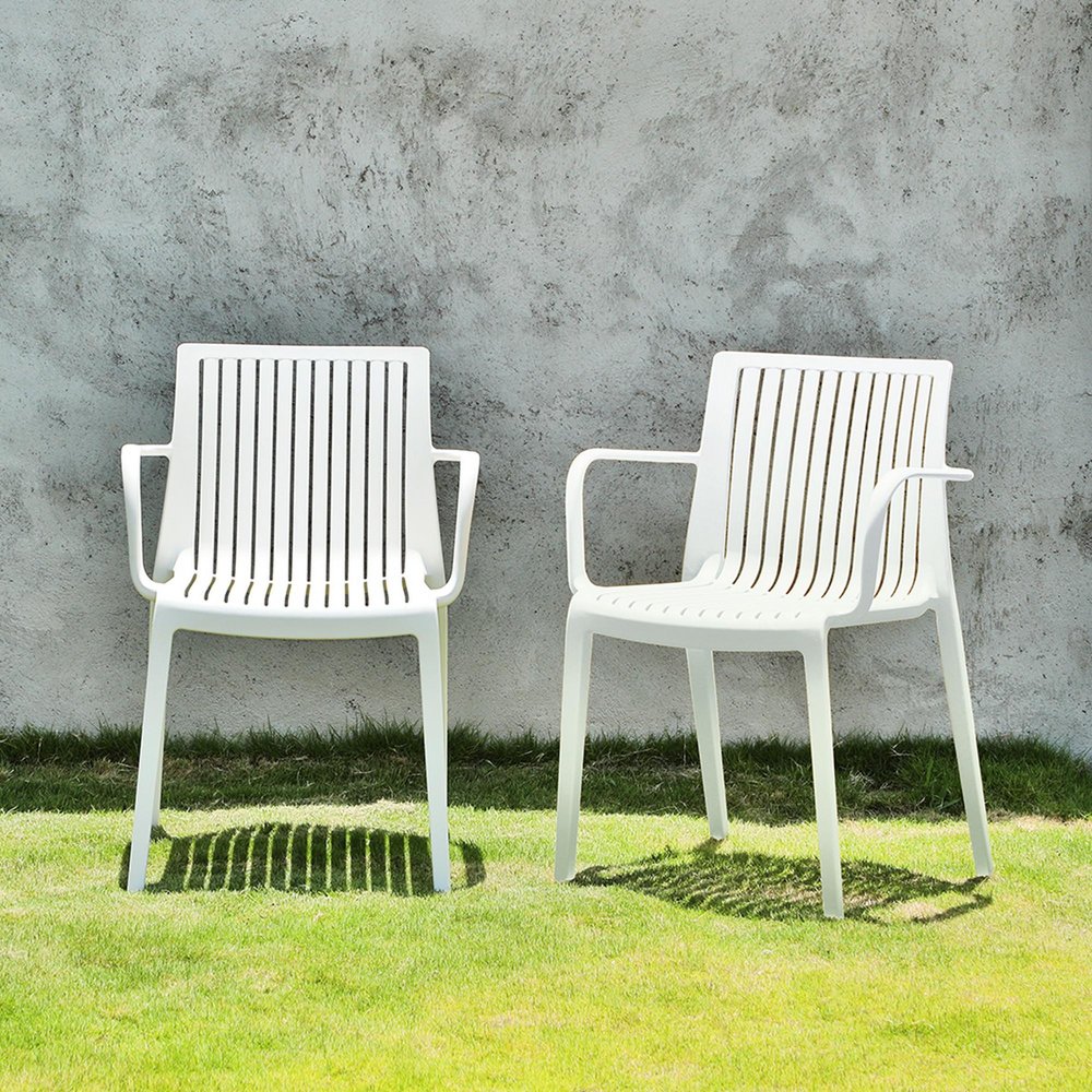 Set of Two Taupe Heavy Duty Plastic Outdoor Stacking Arm Chairs