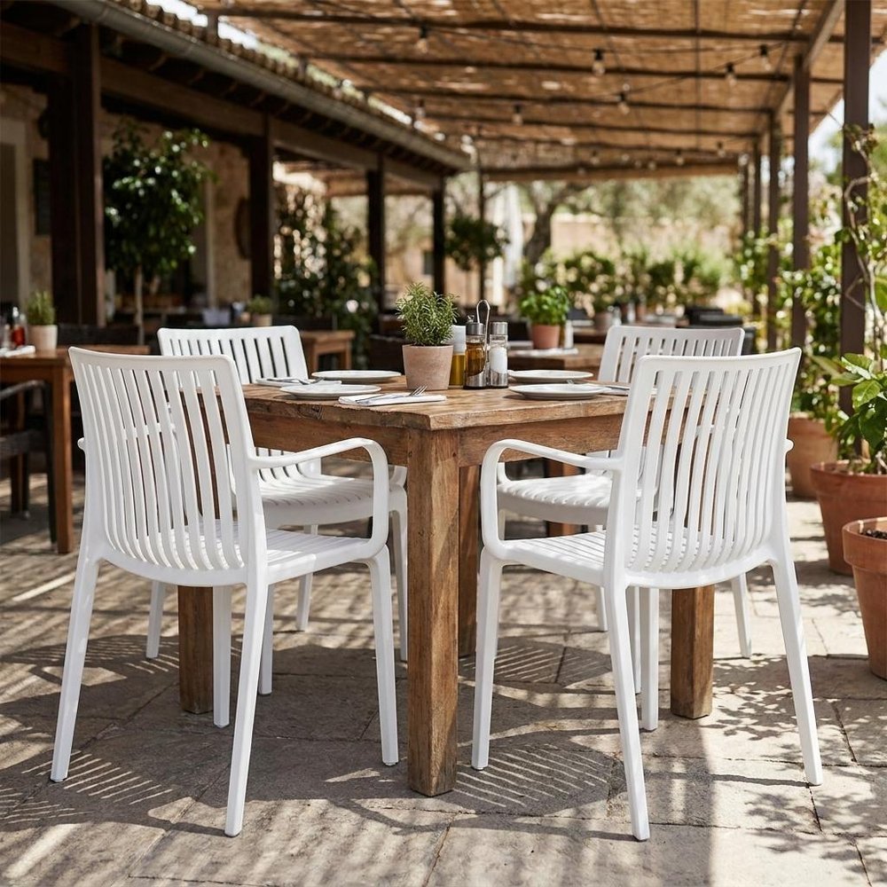 Set of Two Taupe Heavy Duty Plastic Outdoor Stacking Arm Chairs
