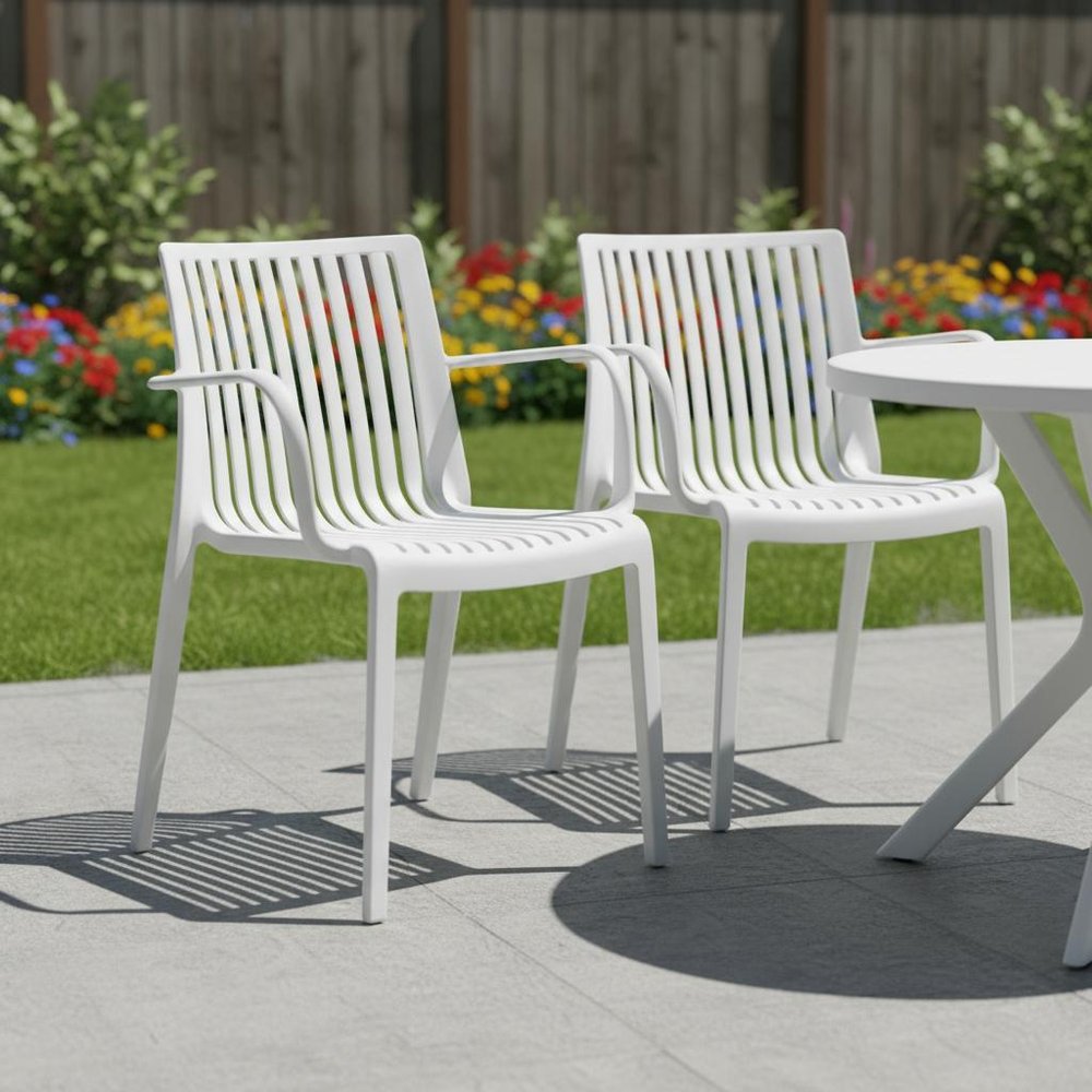 Set of Two Taupe Heavy Duty Plastic Outdoor Stacking Arm Chairs