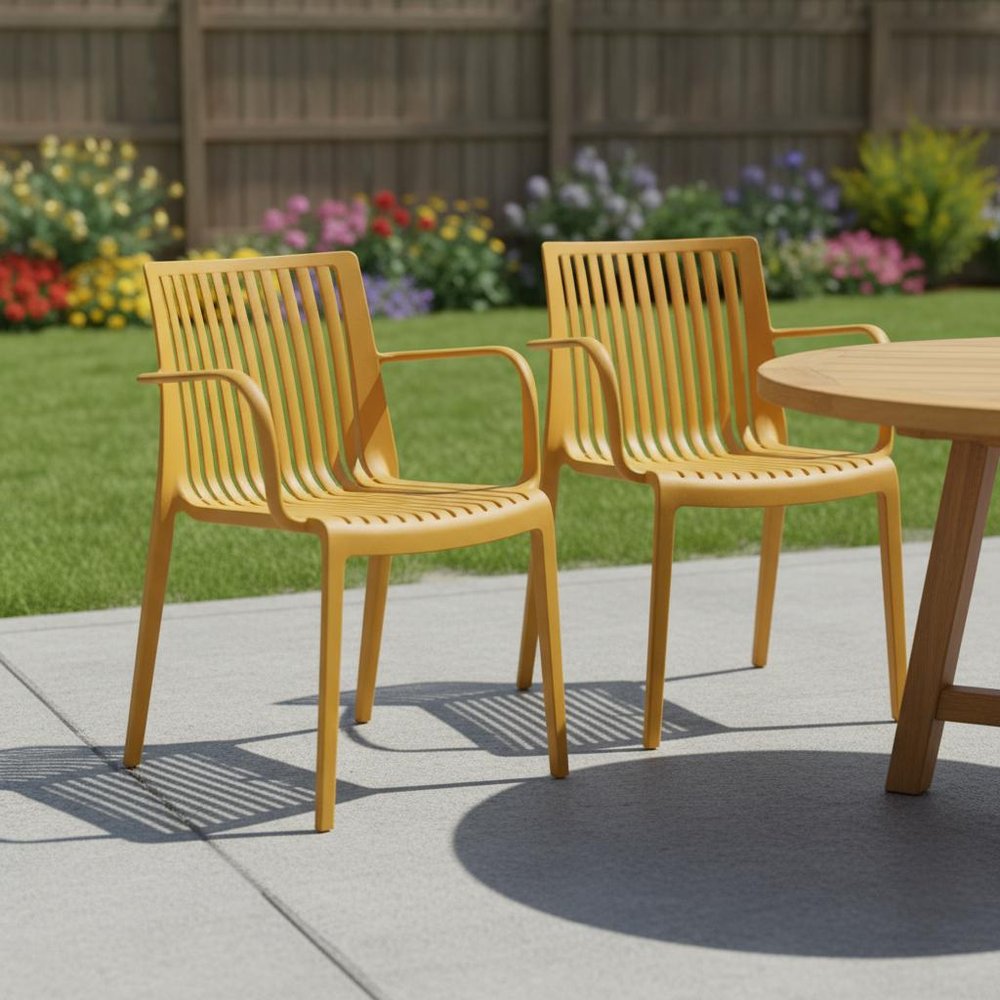 Set of Two Taupe Heavy Duty Plastic Outdoor Stacking Arm Chairs