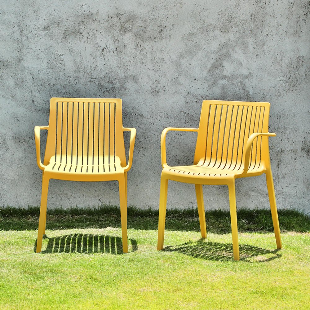 Set of Two Taupe Heavy Duty Plastic Outdoor Stacking Arm Chairs