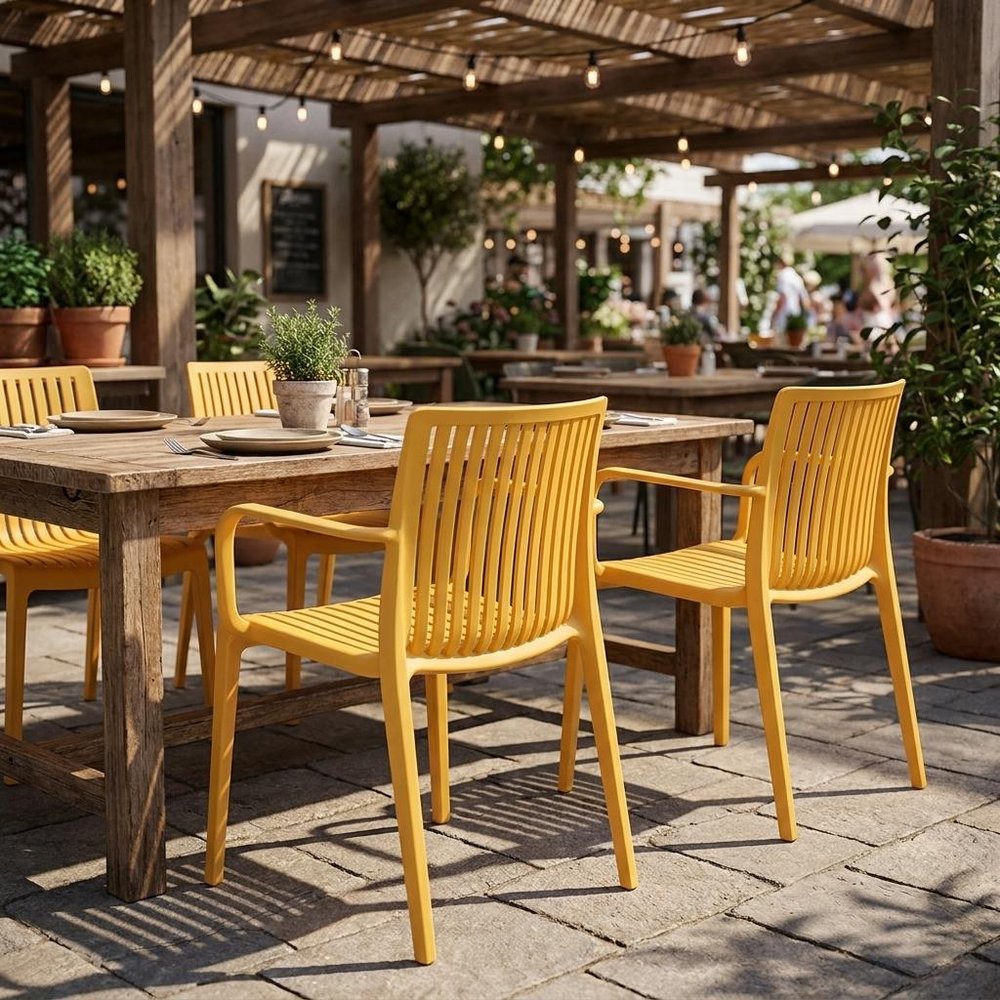 Set of Two Taupe Heavy Duty Plastic Outdoor Stacking Arm Chairs