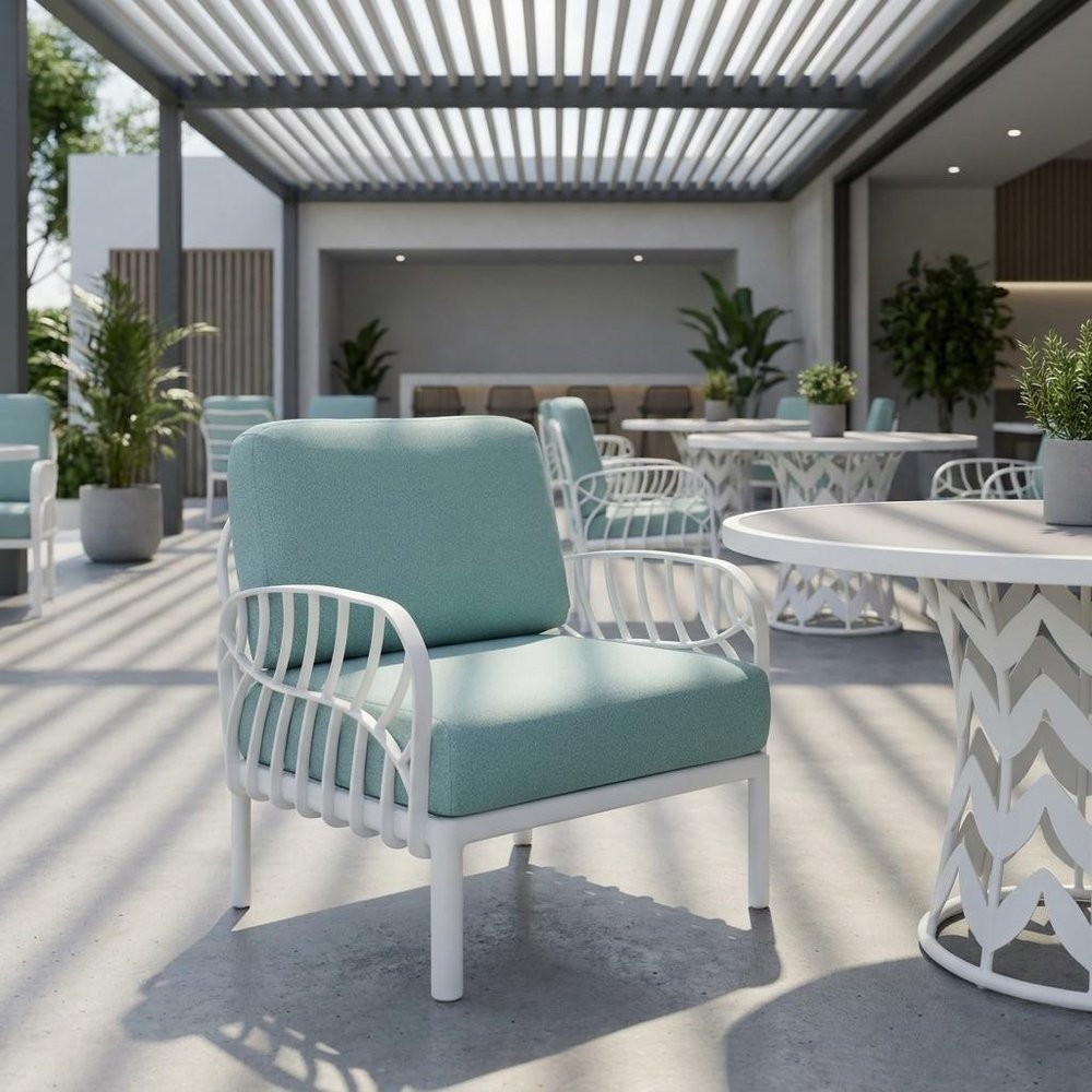31" White Heavy Duty Plastic Outdoor Armchair With Sea Green Cushion