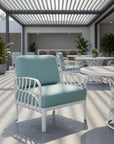 31" White Heavy Duty Plastic Outdoor Armchair With Sea Green Cushion