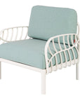 31" White Heavy Duty Plastic Outdoor Armchair With Sea Green Cushion
