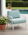 31" White Heavy Duty Plastic Outdoor Armchair With Sea Green Cushion