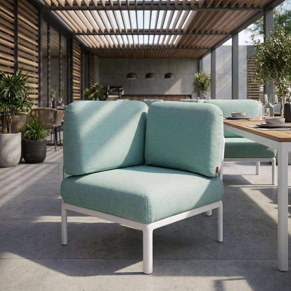 31" White Heavy Duty Plastic Outdoor Modular with Sea Green Cushion