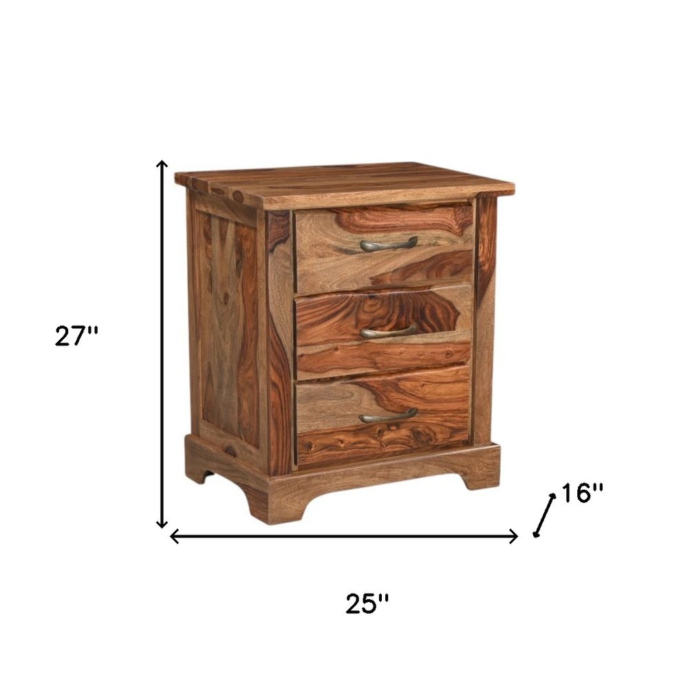 27" Brown Solid Wood Live Edge Three Drawer Nightstand