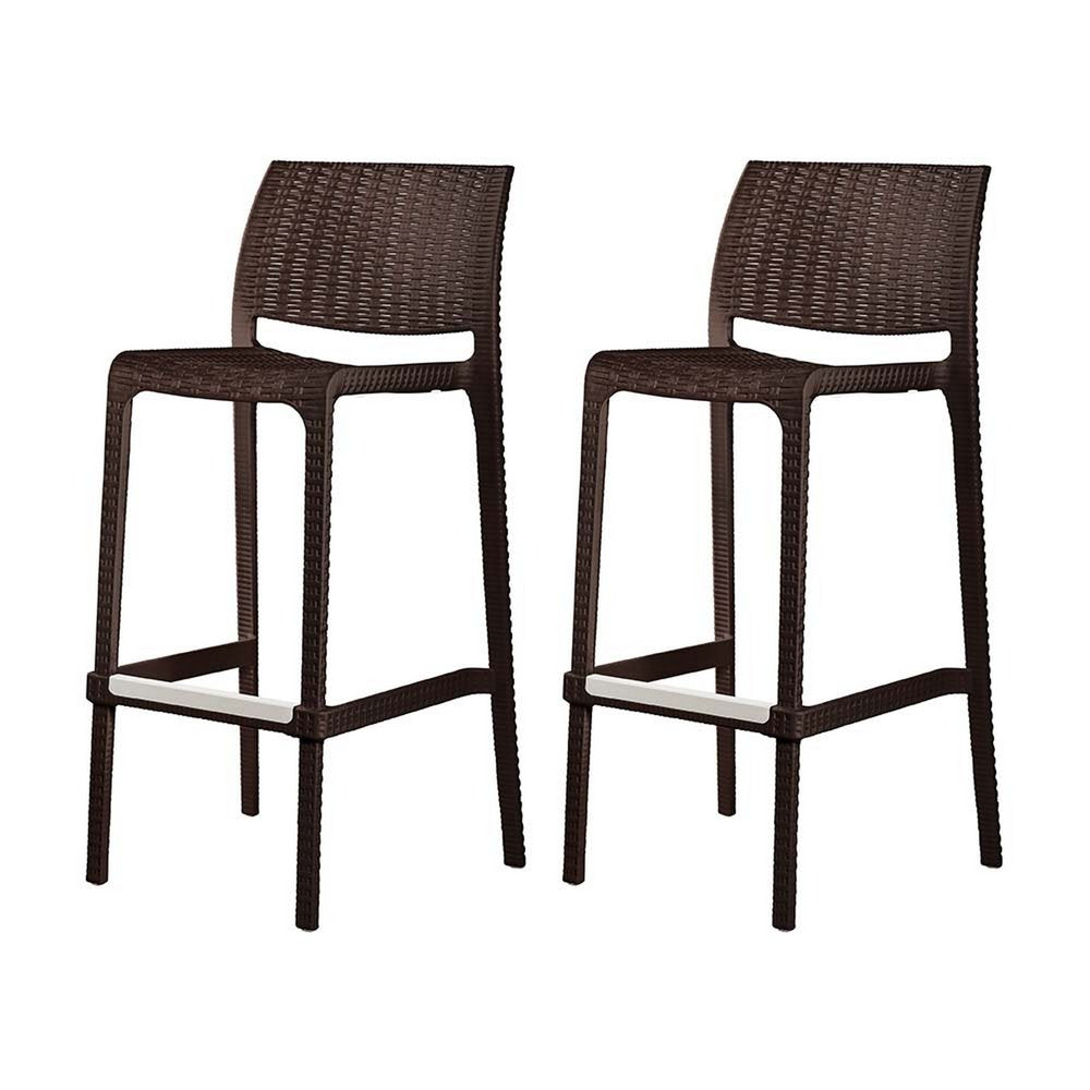 Set of Two 30" Brown Faux Rattan Heavy Duty Plastic Low Back Outdoor Bar Height Chairs