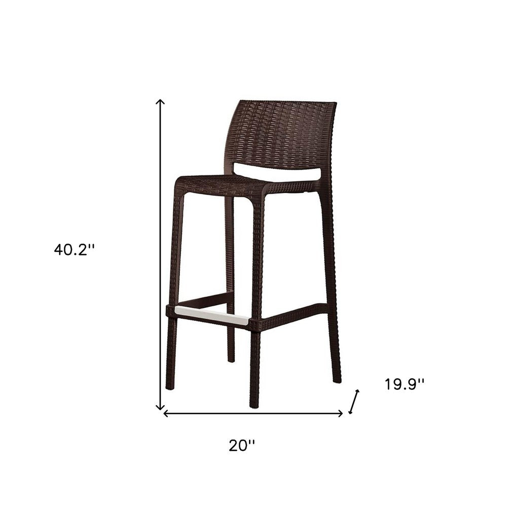 Set of Two 30" Brown Faux Rattan Heavy Duty Plastic Low Back Outdoor Bar Height Chairs