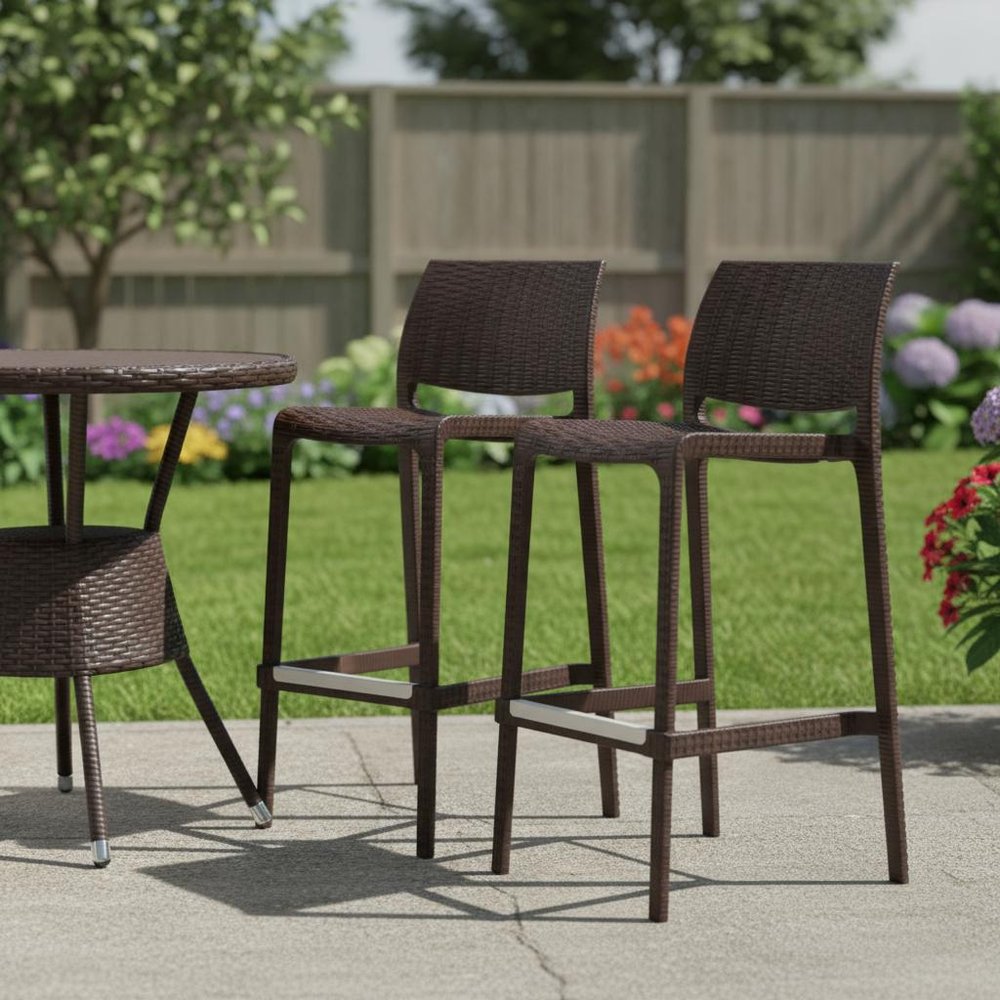 Set of Two 30" Brown Faux Rattan Heavy Duty Plastic Low Back Outdoor Bar Height Chairs