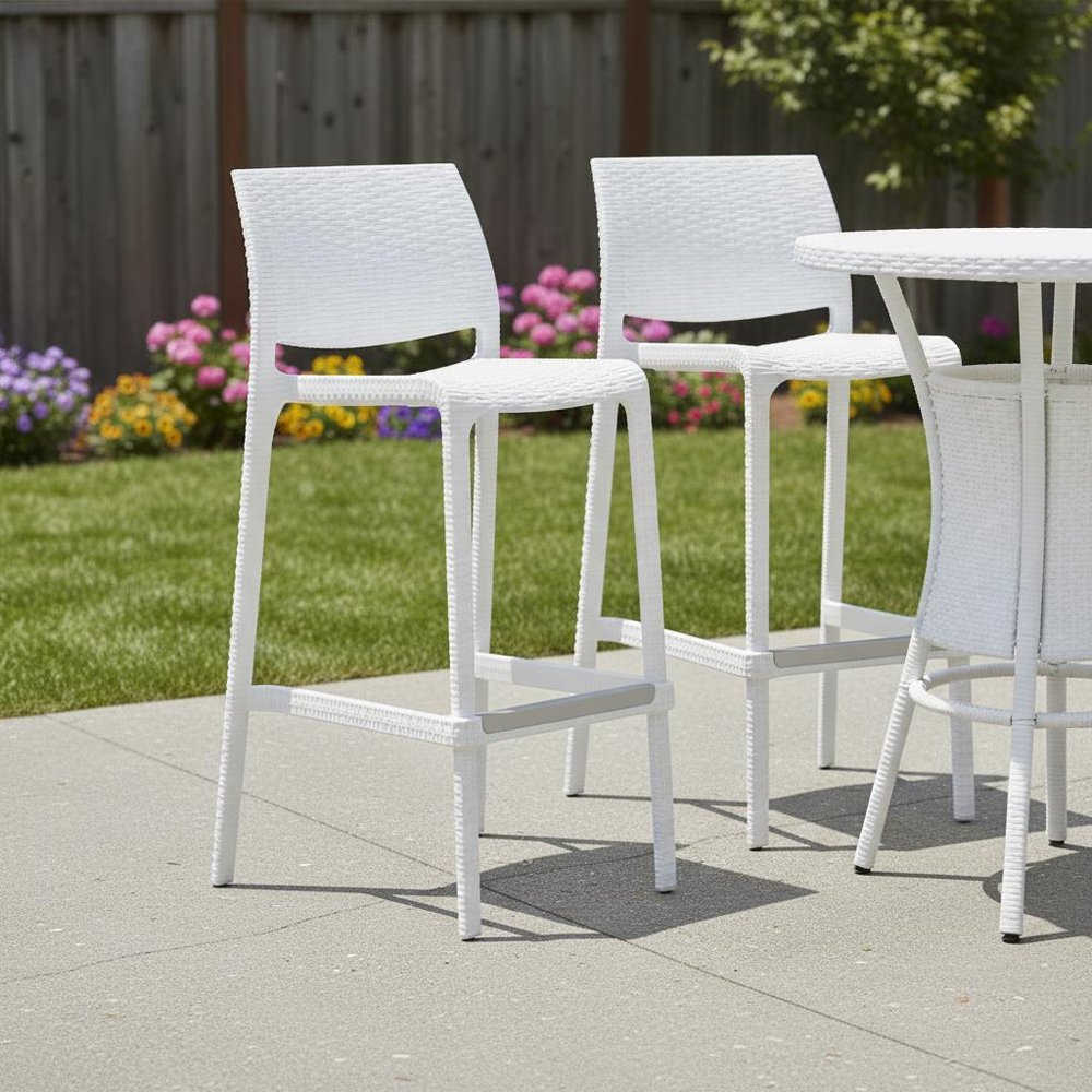 Set of Two 30" Brown Faux Rattan Heavy Duty Plastic Low Back Outdoor Bar Height Chairs