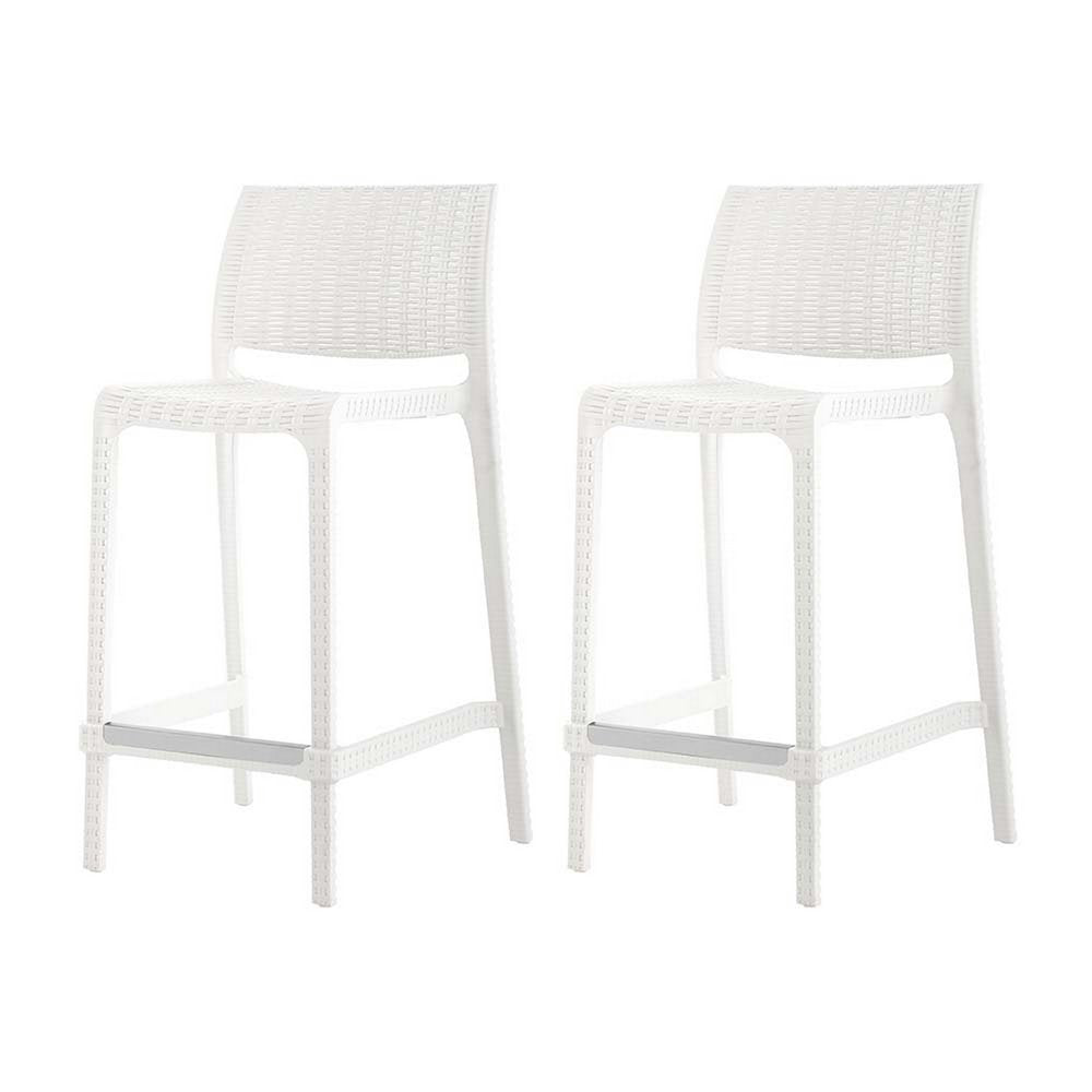 Set of Two 26" White Faux Rattan Heavy Duty Plastic Low Back Outdoor Counter Height Bar Chairs