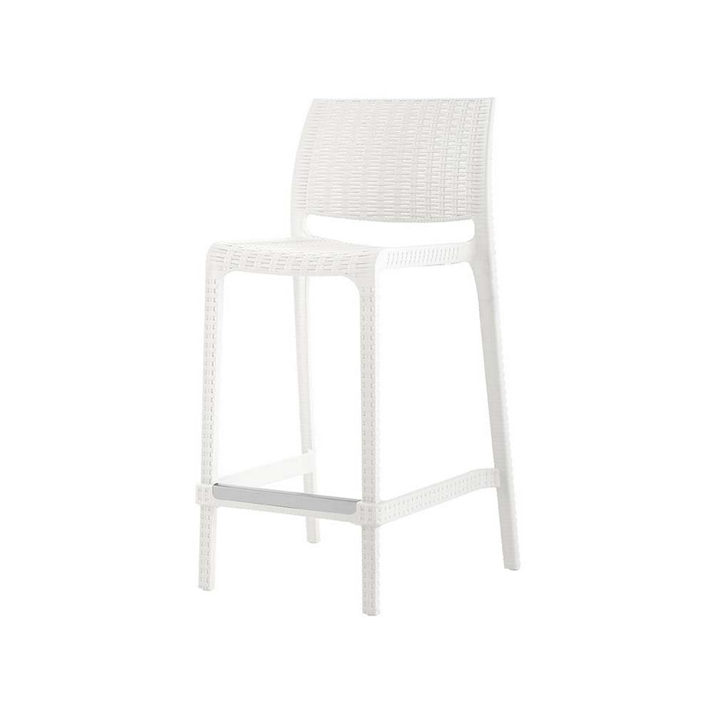 Set of Two 26" White Faux Rattan Heavy Duty Plastic Low Back Outdoor Counter Height Bar Chairs