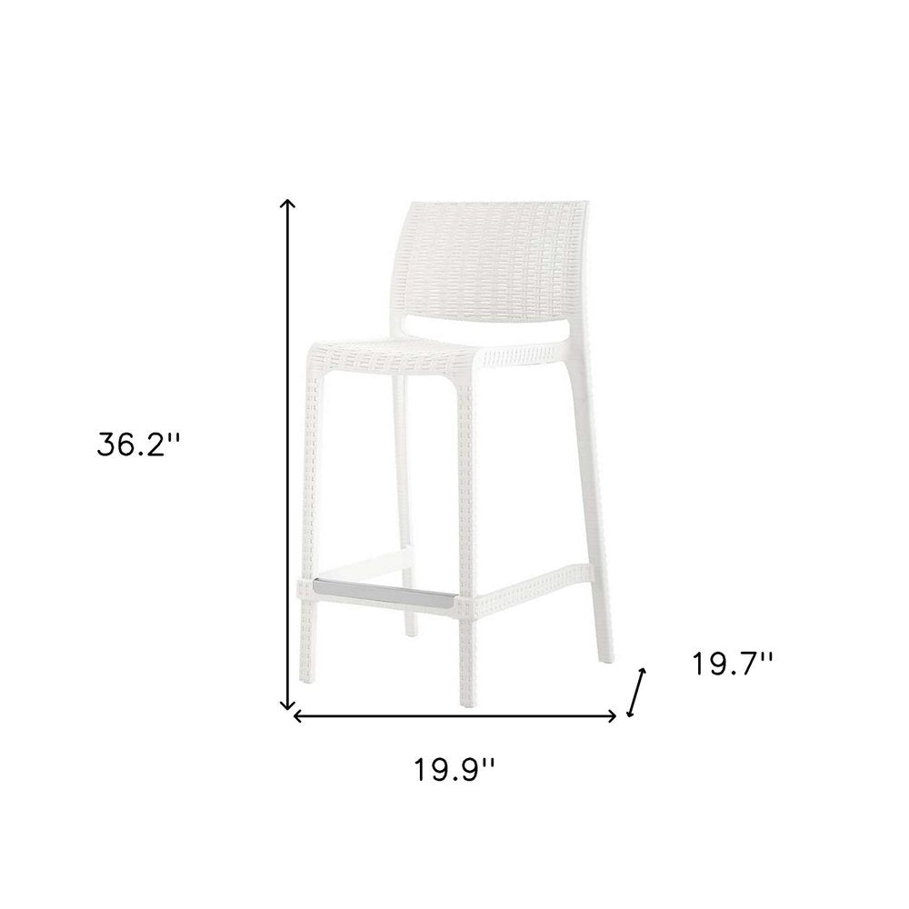 Set of Two 26" White Faux Rattan Heavy Duty Plastic Low Back Outdoor Counter Height Bar Chairs