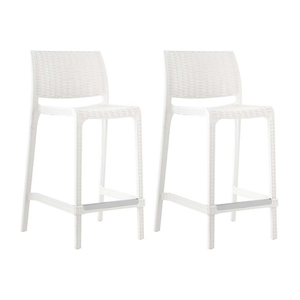 Set of Two 26" White Faux Rattan Heavy Duty Plastic Low Back Outdoor Counter Height Bar Chairs
