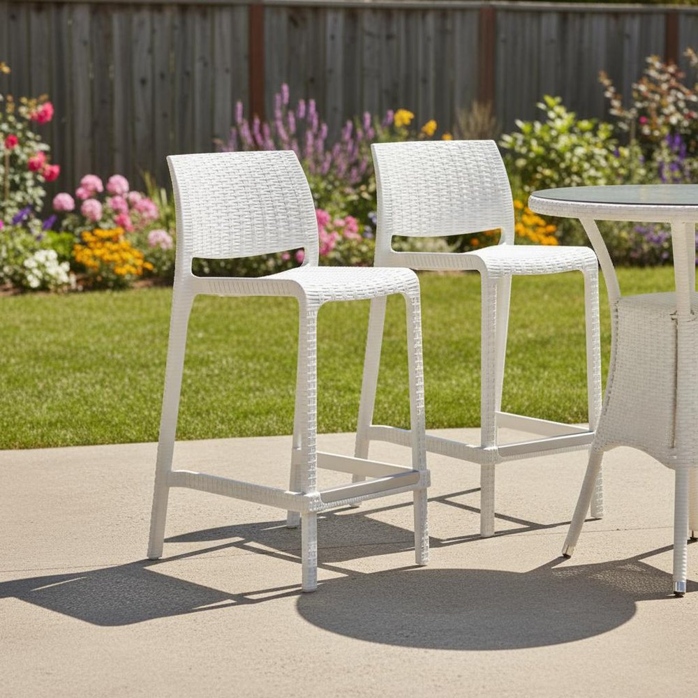 Set of Two 26" White Faux Rattan Heavy Duty Plastic Low Back Outdoor Counter Height Bar Chairs