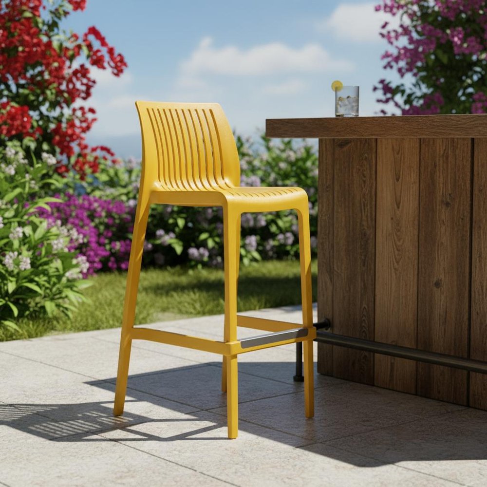 Set of Two 30" White Heavy Duty Plastic Low Back Outdoor Bar Height Chairs