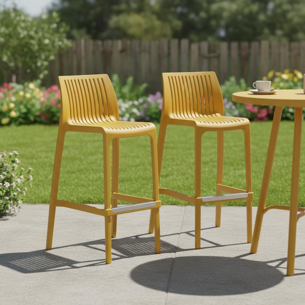 Set of Two 30" White Heavy Duty Plastic Low Back Outdoor Bar Height Chairs