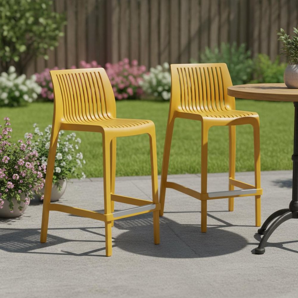 Set of Two 26" White Heavy Duty Plastic Low Back Outdoor Counter Height Bar Chairs