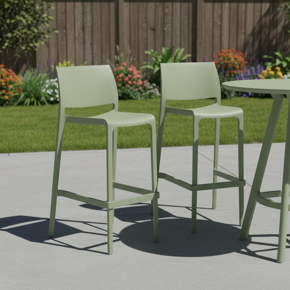 Set of Two 30" Taupe Heavy Duty Plastic Low Back Outdoor Bar Height Chairs