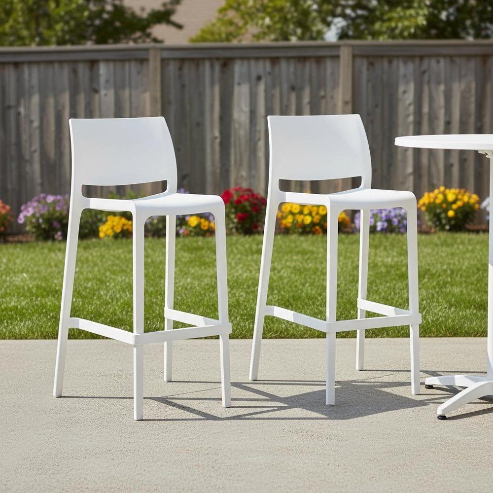 Set of Two 30" Taupe Heavy Duty Plastic Low Back Outdoor Bar Height Chairs