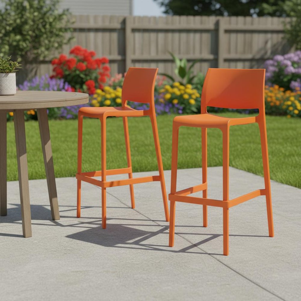 Set of Two 30" Taupe Heavy Duty Plastic Low Back Outdoor Bar Height Chairs