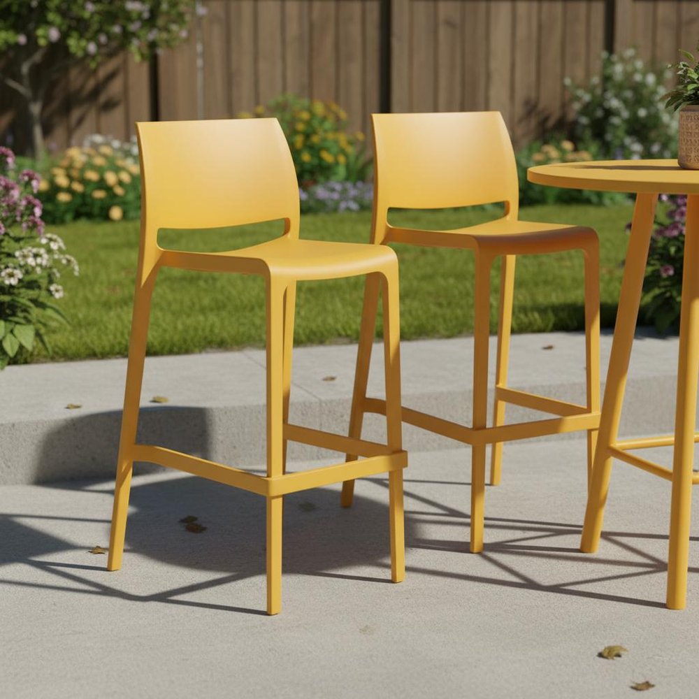 Set of Two 30" Taupe Heavy Duty Plastic Low Back Outdoor Bar Height Chairs
