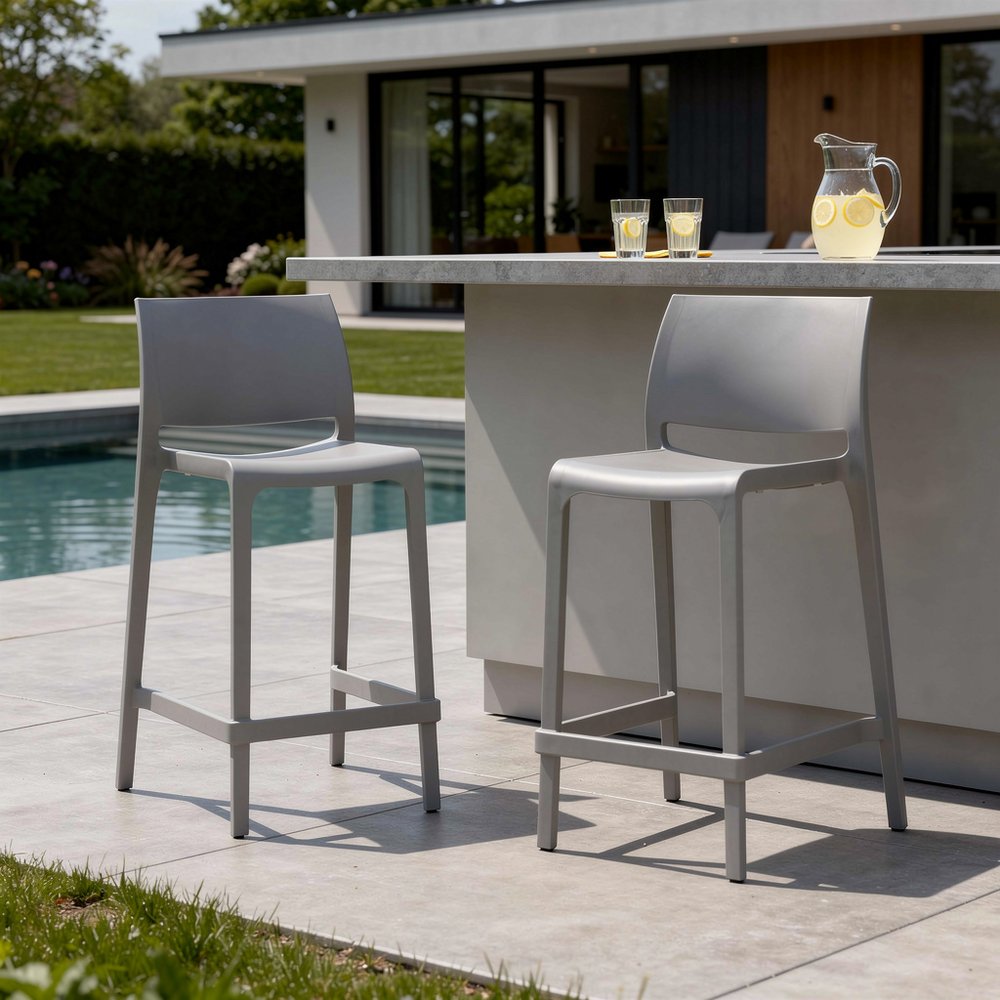 Set of Two 26" Taupe Heavy Duty Plastic Low Back Outdoor Counter Height Bar Chairs