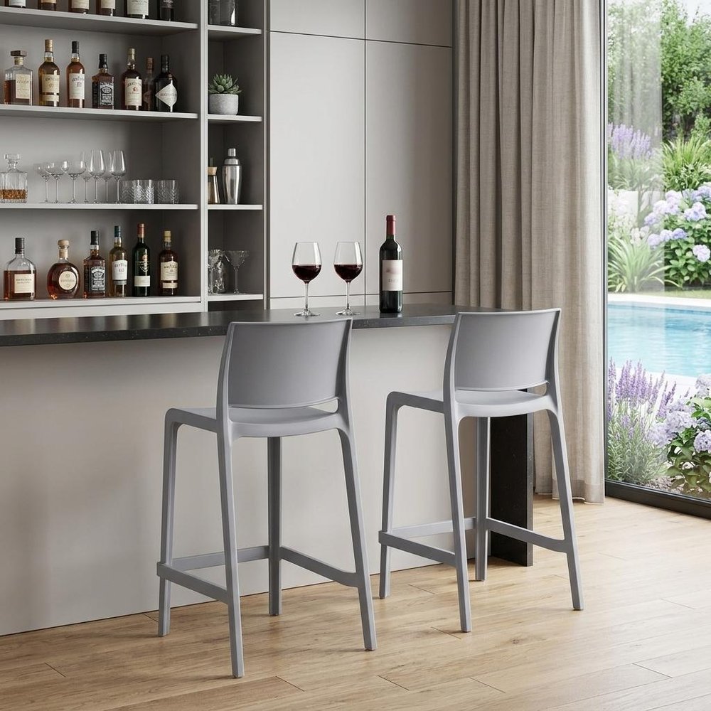 Set of Two 26" Taupe Heavy Duty Plastic Low Back Outdoor Counter Height Bar Chairs