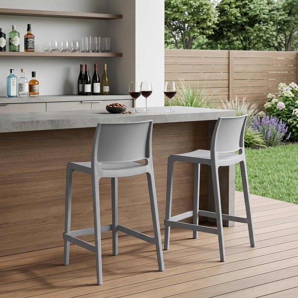 Set of Two 26" Taupe Heavy Duty Plastic Low Back Outdoor Counter Height Bar Chairs