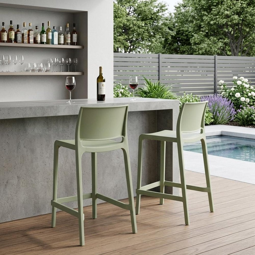 Set of Two 26" Taupe Heavy Duty Plastic Low Back Outdoor Counter Height Bar Chairs