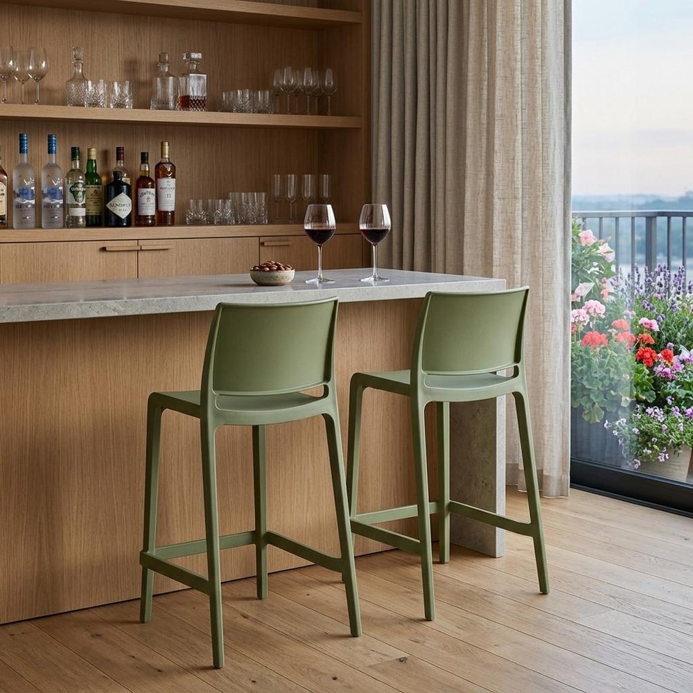 Set of Two 26" Taupe Heavy Duty Plastic Low Back Outdoor Counter Height Bar Chairs