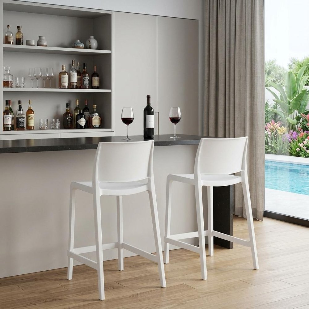 Set of Two 26" Taupe Heavy Duty Plastic Low Back Outdoor Counter Height Bar Chairs