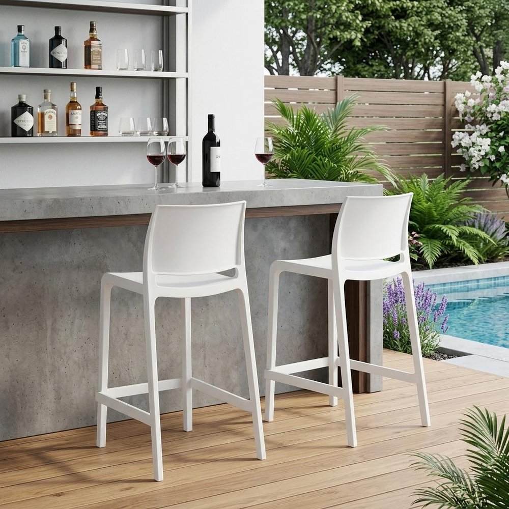 Set of Two 26" Taupe Heavy Duty Plastic Low Back Outdoor Counter Height Bar Chairs