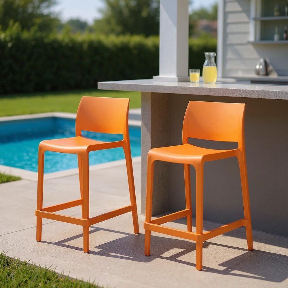 Set of Two 26" Taupe Heavy Duty Plastic Low Back Outdoor Counter Height Bar Chairs